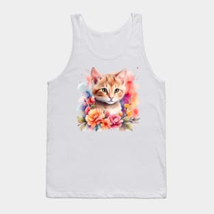 A cat decorated with beautiful colorful flowers in a watercolor illustration. Tank Top